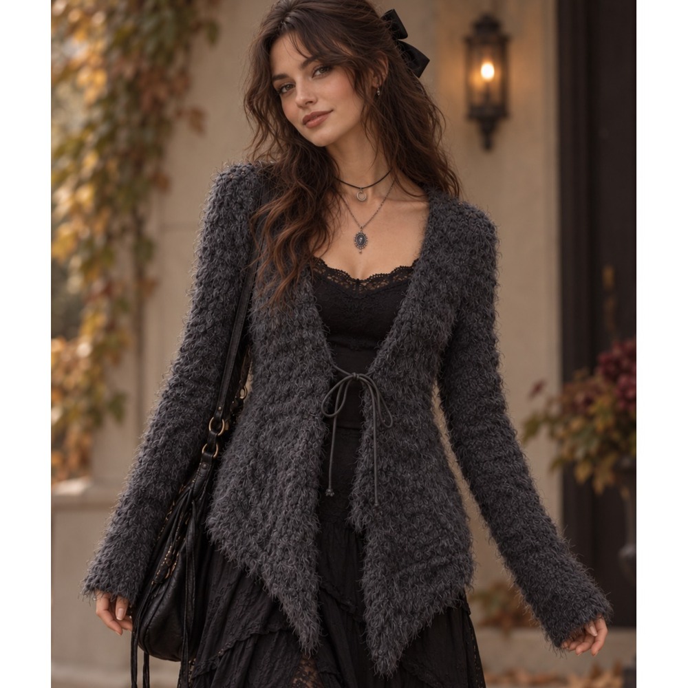 Kimchi Blue Urban Outfitters XS Fuzzy Grey Tie Cardigan Whimsigoth Y2K